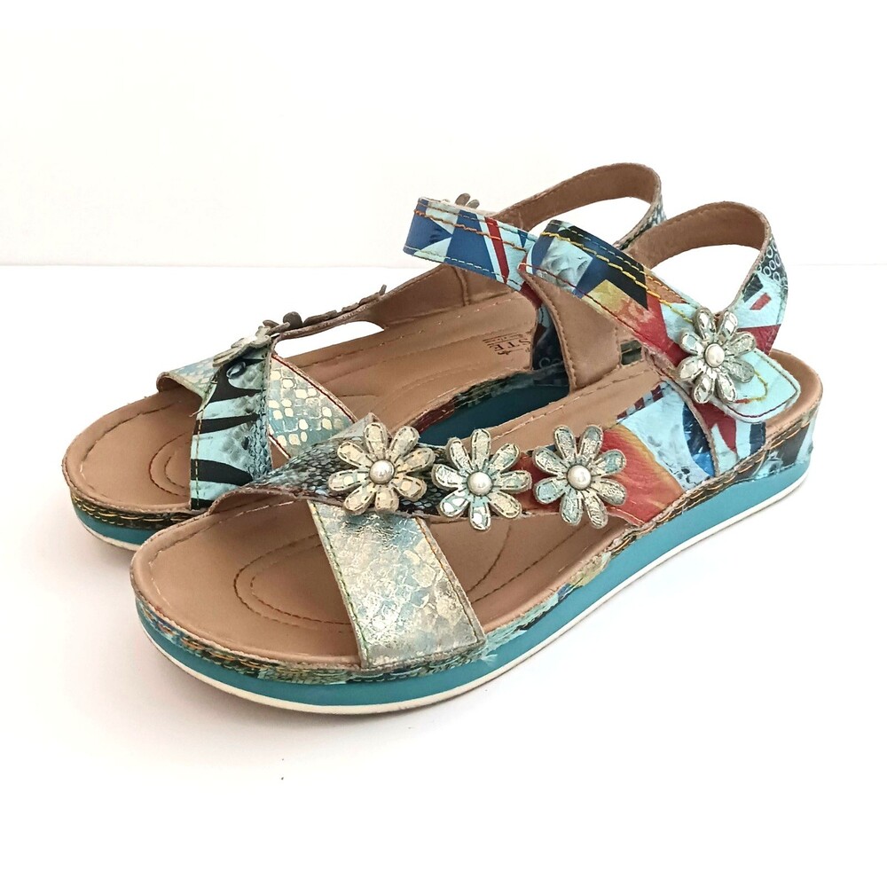 L'Artiste Spring Step Charleen Sandals Blue Leather Floral Trim Ankle Strap US 9